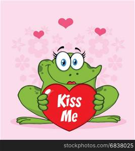 Female Frog Cartoon Mascot Character Holding A Valentine Love Heart With Text Kiss Me. Illustration With Pink Flowers Background