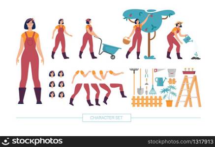 Female Gardener, Agriculture Worker in Overall Character Constructor Trendy Flat Vector Isolated Design Elements Set. Working in Garden Woman Body Parts, Face Expressions, Work Tools Illustration