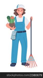 Female gardener semi flat color vector character. Standing figure. Full body person on white. Gender equality in workplace simple cartoon style illustration for web graphic design and animation. Female gardener semi flat color vector character