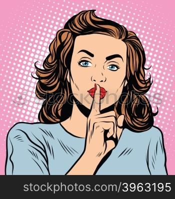 Female gesture of silence pop art retro style. Keep quiet. Please be quiet. Sign gesture. Female gesture of silence