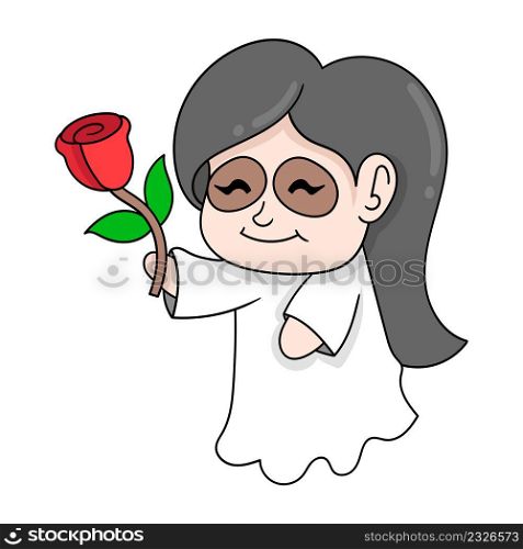 female ghost walking with a red rose
