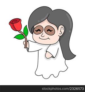 female ghost walking with a red rose