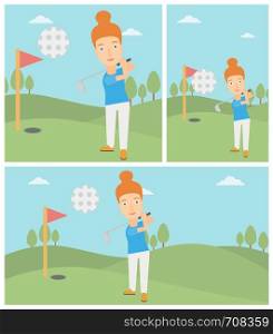 Female golfer hitting the ball. Professional female golfer on golf course. Young woman playing golf. Vector flat design illustration. Square, horizontal, vertical layouts.. Golfer hitting the ball vector illustration.