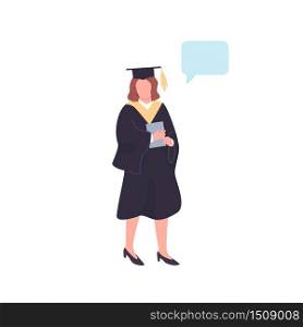 Female graduate flat color vector faceless character. Student in graduation clothes talking. Person with speech bubble isolated cartoon illustration for web graphic design and animation