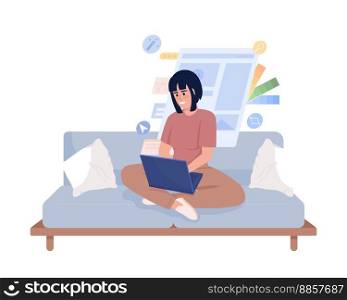 Female graphic designer sitting on couch semi flat color vector character. Editable figure. Full body person on white. Simple cartoon style illustration for web graphic design and animation. Female graphic designer sitting on couch semi flat color vector character