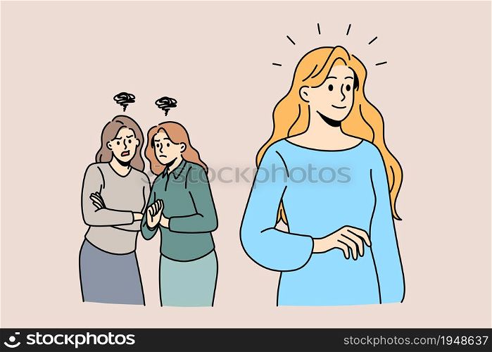 Female group chatting gossip concept. Two interested girls friends standing discussing walking by blonde lady vector illustration. Female group chatting gossip concept.