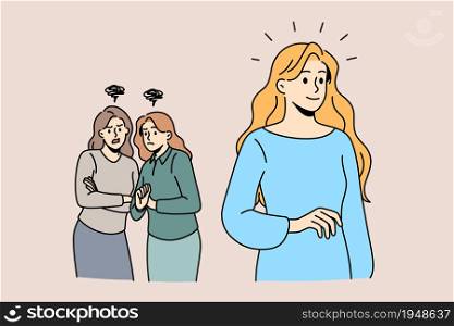 Female group chatting gossip concept. Two interested girls friends standing discussing walking by blonde lady vector illustration. Female group chatting gossip concept.