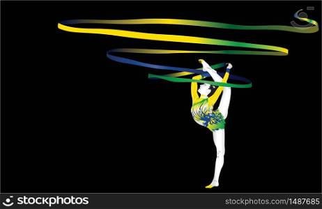 Female gymnast making waves with his tie yellow-green and blue on black background. Vector image