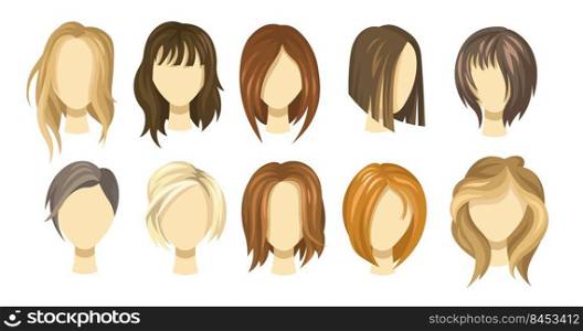 Female hair style collection. Blond, brown and ginger haircuts for girls. Short and long hair wigs for young women. Illustration set for stylist, model or hairdressing concept