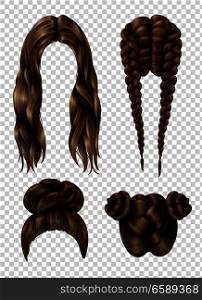 Female hairstyles set including long flowing hair, youth tufts, french braids on transparent background isolated vector illustration. Female Hairstyles Set