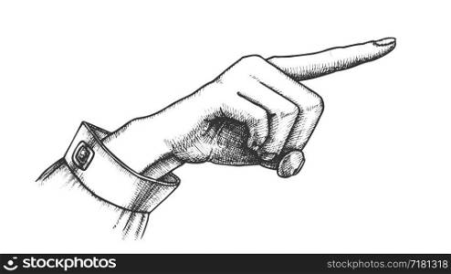 Female Hand Finger Showing Choice Gesture Vector. Woman Hand In Sleeve Of Business Suit. Lady Forefinger Wrist Gesturing Select Something Designed In Retro Style Monochrome Closeup Illustration. Female Hand Finger Showing Choice Gesture Vector