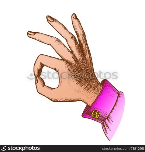 Female Hand Gesture Ok Agree Approval Sign Vector. Woman Arm Finger Gesture Showing Success Solution. Girl Wrist Gesturing Successful Signal Color Designed Retro Style Closeup Illustration. Color Female Hand Gesture Ok Agree Approval Sign Vector
