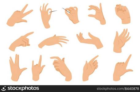 Female hand gestures flat vector illustration. Isolated folded wrists, fist, counting fingers, greeting or pointing hands set. Communication and signs concept