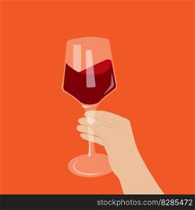 Female hand holding a glass with red wine. Vector illustration. Female hand holding a glass with red wine.