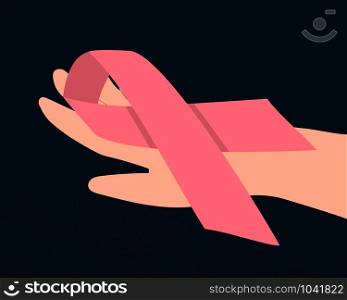 Female hand holding a pink ribbon. International breast cancer awareness month. Cancer fighting inspirational element. Vector illustration. Female hand holding a pink ribbon.