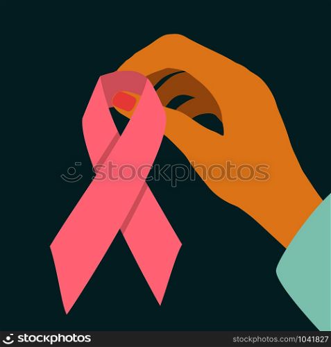 Female hand holding a pink ribbon. Support breast cancer awareness month. Cancer fighting inspirational element. Vector illustration. Hand holding a pink ribbon for support breast cancer awareness