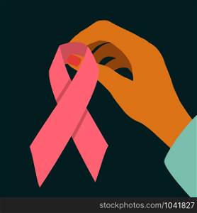 Female hand holding a pink ribbon. Support breast cancer awareness month. Cancer fighting inspirational element. Vector illustration. Hand holding a pink ribbon for support breast cancer awareness