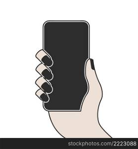 Female hand holding a smartphone with blank screen. Black manicure. Black screen. Flat vector illustration isolated on white background.. Female hand holding a smartphone with blank screen. Flat vector illustration isolated on white