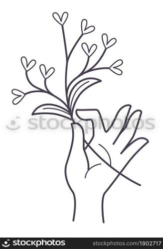 Female hand holding decorative branch with leaves, isolated minimalist icon of magic herb or flower. Vintage witchcraft symbol, amulet of healing botanical plant. Colorless line art, vector in flat. Floral branch with leaves, magic herb or decor
