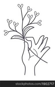 Female hand holding decorative branch with leaves, isolated minimalist icon of magic herb or flower. Vintage witchcraft symbol, amulet of healing botanical plant. Colorless line art, vector in flat. Floral branch with leaves, magic herb or decor