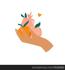 Female hand holding different fruits orange, pomegranate, peach. Vector design, illustration. Female hand holding different fruits orange, pomegranate, peach.