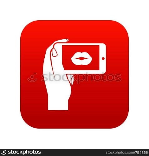 Female hand holding smartphone with picture of lips icon digital red for any design isolated on white vector illustration. Female hand holding smartphone