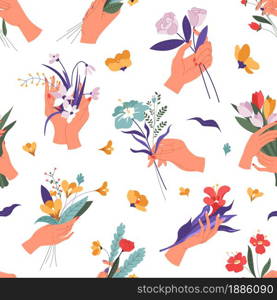 Female hand holding spring and summer blooming, seamless pattern of bouquets and decorative foliage. Tulips and roses, daisies and leafage. Holidays celebration and greeting. Vector in flat style. Elegant hand of woman holding flowers bouquet