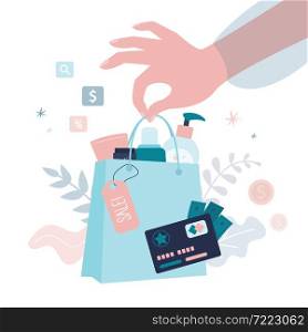 Female hand holds package full of beauty products. Sale of various healthcare cosmetics. Discount card. Concept of sale, skincare and shopping. Banner in trendy style. Flat vector illustration. Female hand holds package full of beauty products. Sale of various healthcare cosmetics. Discount card