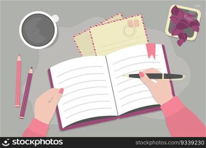 Female hand holds pen and writes down notes. Top view of desktop. Desk with pencils and cup of coffee. Opened notebook on table. Envelopes for letters. Work process. Trendy flat vector illustration