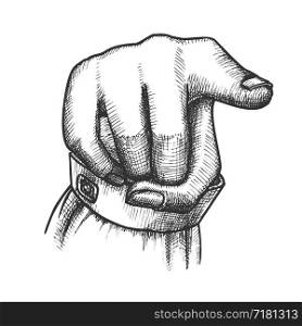 Female Hand Index Finger Pointing Gesture Vector. Woman Pointer Finger Showing Sign. Girl Forefinger Wrist Gesturing Choice Signal Black And White Hand Drawn In Vintage Style Closeup Illustration. Female Hand Index Finger Pointing Gesture Vector