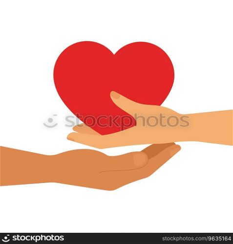 Female hand is giving heart to male hand. Symbol of kindness, love, empathy, charity mental health and family. Vector isolated illustration. Positive human feelings concept.. Female hand is giving heart to male hand.
