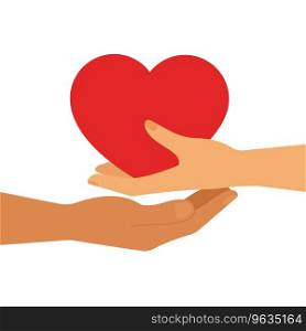 Female hand is giving heart to male hand. Symbol of kindness, love, empathy, charity mental health and family. Vector isolated illustration. Positive human feelings concept.. Female hand is giving heart to male hand.