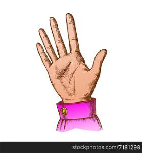 Female Hand Make Gesture Five Fingers Up Vector. Woman Demonstrate Gesture Sign Amount. Girl Open Palm Gesturing Counting Number Signal Color Hand Drawn In Retro Style Closeup Illustration. Color Female Hand Make Gesture Five Fingers Up Vector
