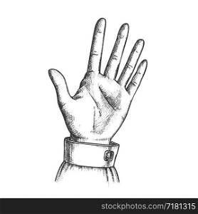 Female Hand Make Gesture Five Fingers Up Vector. Woman Demonstrate Gesture Sign Amount. Girl Open Palm Gesturing Counting Number Signal Black And White Hand Drawn In Retro Style Closeup Illustration. Female Hand Make Gesture Five Fingers Up Vector