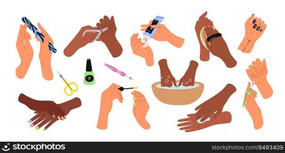Female hand manicure. Cosmetic finger nails treatment. Cartoon manicurists skincare accessories. Scrubbing and arm baths. Girl applying cream and varnish. Spa care. Woman beauty. Garish vector set. Female hand manicure. Cosmetic finger nails treatment. Cartoon manicurists skincare accessories. Scrubbing and arm baths. Girl applying cream and varnish. Woman beauty. Garish vector set
