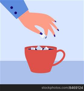 Female hand putting sugar cubes into cup of coffee. Person adding sweetener to morning drink flat vector illustration. Breakfast, health concept for banner, website design or landing web page