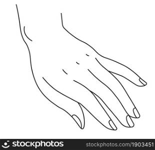 Female hand with manicure and clean fingers, isolated lady palm and finger. Demonstration of nonverbal signs of communication without words. Beauty salon or studio logo. Vector in flat style. Elegant female hand with manicure, gesture sign
