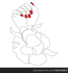 Female hand with red nail polish and flower single line illustration.