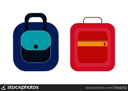 Female handbags, practical briefcases, compact backpack, bright lunchbox isolated vector illustrations. Convenient bags and packages for students set.. Female Handbags,Practical Briefcases Backpack