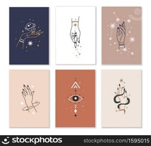 Female hands cards. Linear woman hand combination with mystic witchcraft elements in minimalistic style, gestures and mysterious objects snake and stars elegant boho collection vector poster set. Female hands cards. Linear woman hand combination with mystic witchcraft elements in minimalistic style, gestures and mysterious objects elegant boho collection vector poster set