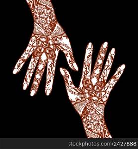 Female hands covered with traditional indian mehendi henna tattoo ornaments on black background vector illustration. Mehendi Hands On Black Background