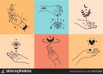 Female hands. Hand drawn minimal hand gestures. Feminine arms with crystal, heart and flower vector illustration set. Tattooed arms holding spirital or magical amulets as moon and eye. Female hands. Hand drawn minimal hand gestures. Feminine arms with crystal, heart and flower vector illustration set