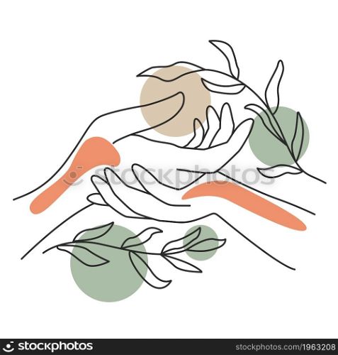 Female hands line art. The contours of human hands with twigs with leaves. One line outline with vibrant color accents, isolated object. Decoration for the wall or for printing, vector illustration.. Female hands line art.
