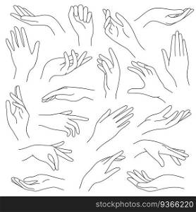 Female hands line. Outline elegant woman hand gestures. Beautiful palm and fingers icons in one line fashion minimalist style, vector set. Illustration hand collection woman, pretty elegant lady arm. Female hands line. Outline elegant woman hand gestures. Beautiful palm and fingers icons in one line fashion minimalist style, vector set