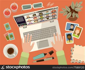 Female hands on laptop keyboard. Social networks. Virtual communication. Vector flat illustration