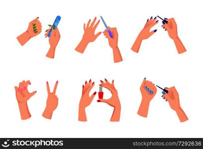 Female hands with bright modern manicure that hold bottles of nail polishes and sharp files isolated vector illustrations set on white background.. Female Hands with Bright Manicure and Nail Files