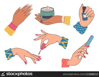 Female hands with manicure, beauty and fashion. Manicure female, fashion hand care and beauty, woman nail isolated, vector illustration. Female hands with manicure, beauty and fashion