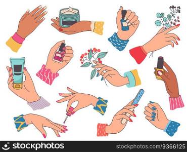 Female hands with manicure. Woman painting nails, holding cream, file, flower and polish bottle. Beauty salon nail and hand care vector set. Manicurist technician with tools or equipment. Female hands with manicure. Woman painting nails, holding cream, file, flower and polish bottle. Beauty salon nail and hand care vector set