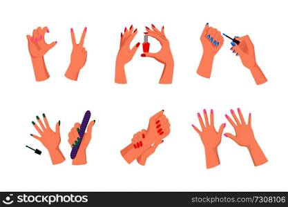 Female hands with neat modern bright manicure that hold bottle of nail polish, sharp file and thin brush isolated cartoon flat vector illustrations.. Female Hands with Neat Modern Bright Manicure