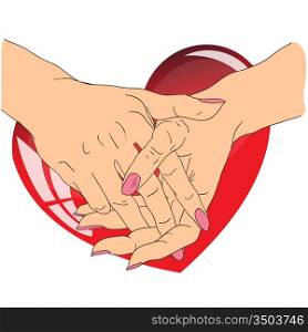 female hands with red heart, vector background